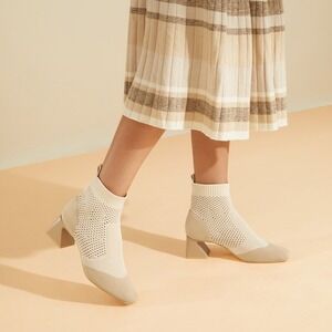 VIVAIA Block Heel Knit Ankle‎ Boots Beige Toe Comfortable Booties EU/38.5 US/7.5